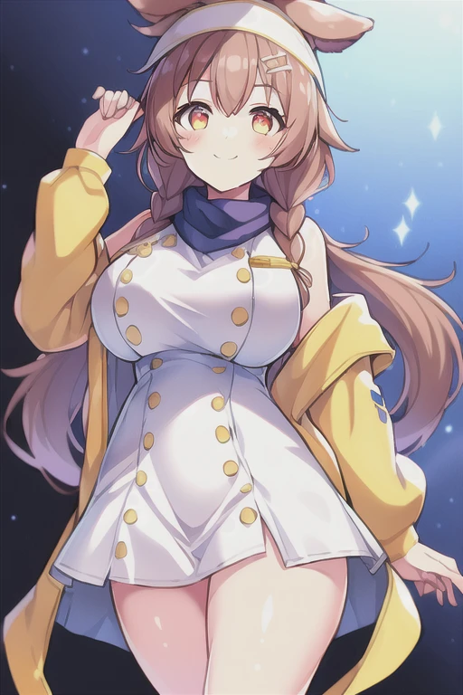 1girl, Korone, smile, dog ears, twin braids, sidelocks, hair ornament, ((white dress)), yellow jacket, dress, jacket, open clothes, open jacket, short dress, sleeveless dress, huge breasts, thick thighs, tall, tall female, mature female, bandana, scarf, hourglass figure, standing, ((bandana)), milf