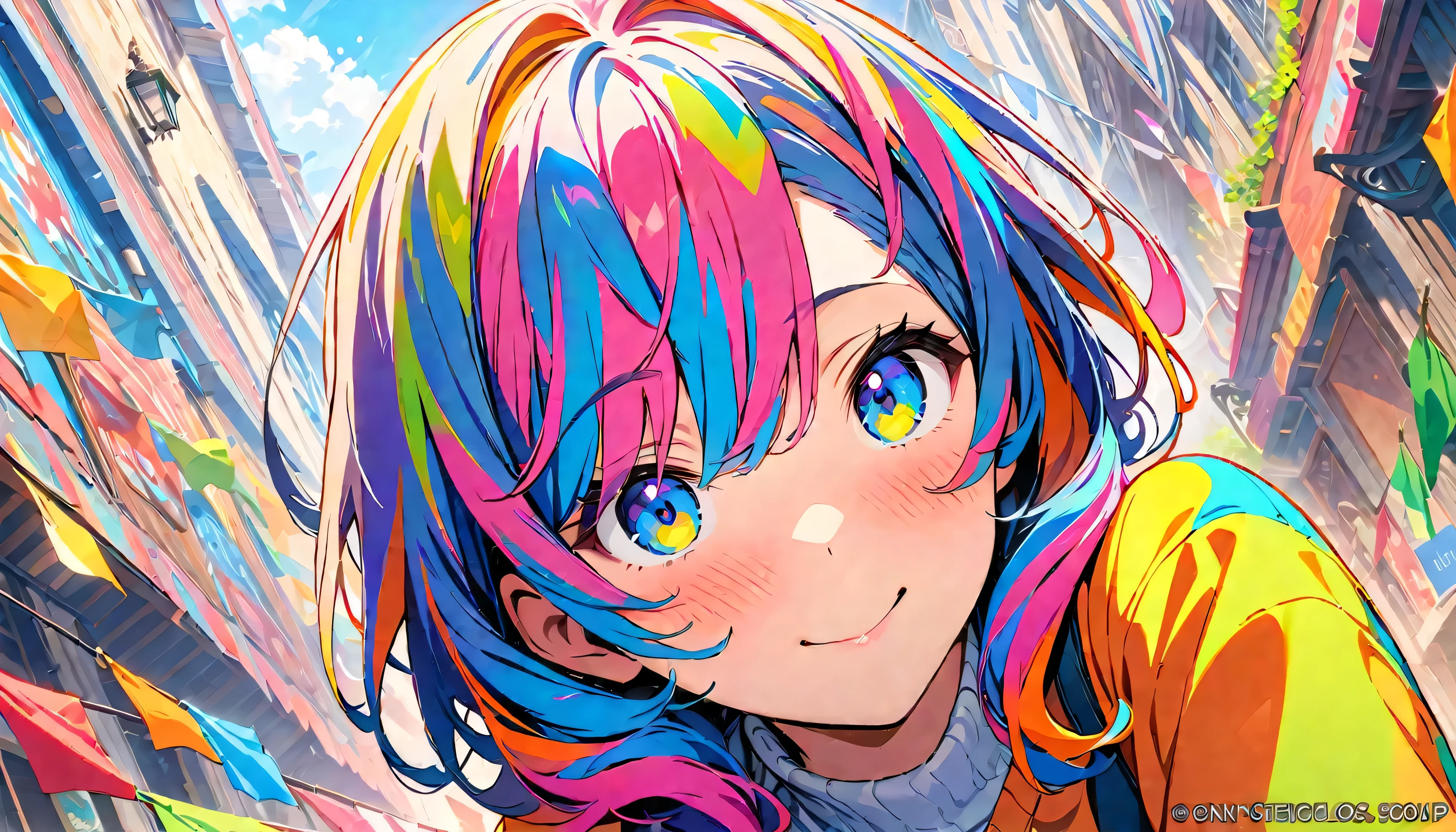 (masterpiece, Highest quality, Official Art:1.2), (colorful), Looking at the audience, one person&#39;s, alone, White Background, floating colorful water, Ultra-fine illustrations, highly detailed, Dynamic Angle, beautiful detailed, 8k, break smiling amidst the colorful scenes, (Highest quality, masterpiece, High resolution, detailed), Anime Style, (Shining Eyes, detailed美しい顔), break,Dynamic Angle、」((Headphones))