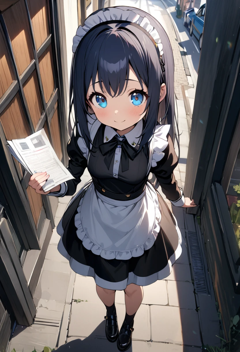 (((1girl))), ((little girl)), ((teenage)), ((young girl)), ((young age)), (()), whole body, medium breasts, ((maid apron)), (((straight hair))), (long hair), midnight blue hair, blue eyes, tareme, smile, Distributing papers, Handing out papers, maid, maid headdress, sidewalk, street, blue sky, from above, masterpiece, best quality, high details, anatomically correct, high quality