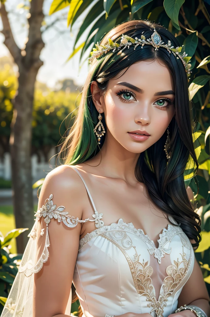 a gorgeous princess, wearing a lace red and green frock, garden background, beautiful detailed eyes, beautiful detailed lips, extremely detailed eyes and face, long eyelashes, elegant, graceful, porcelain skin, photorealistic, highly detailed, 8k, masterpiece, vibrant colors, warm lighting, lush foliage, ornate architecture, ethereal atmosphere