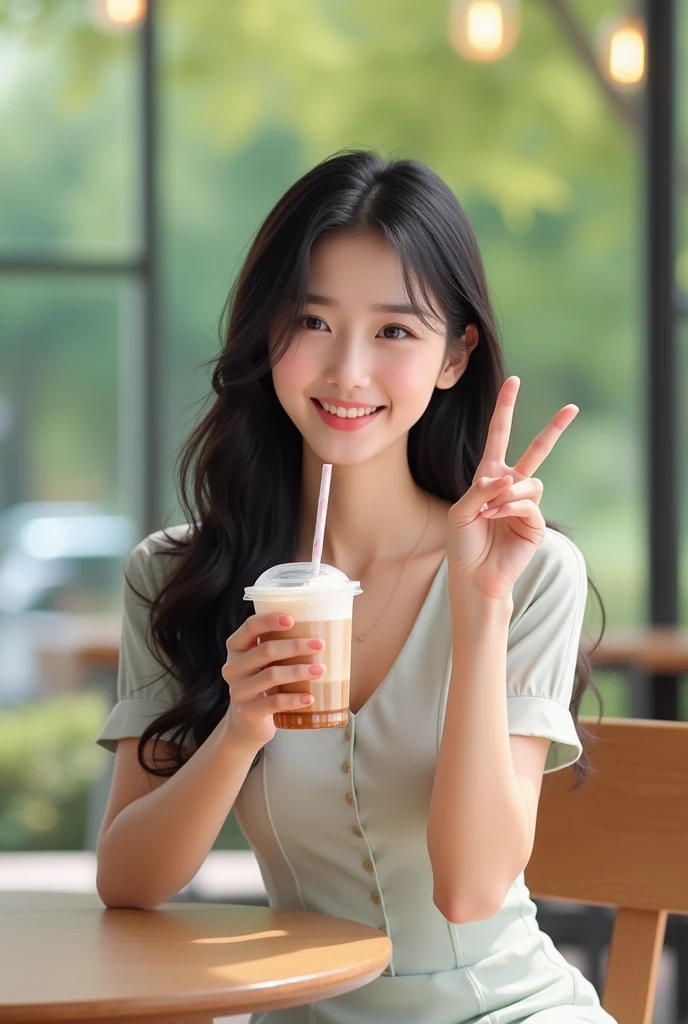 A Korean-style woman with long black hair is drinking outside and making a peace sign with a big smile。The attire is a neat dress。