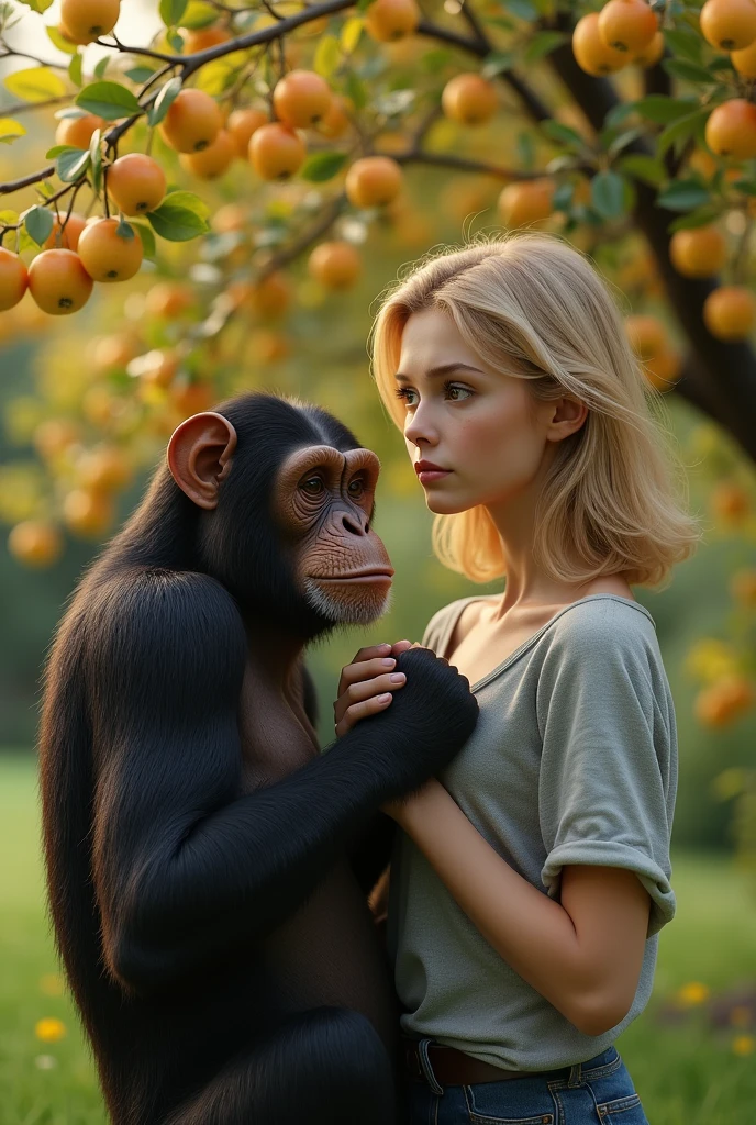 Next to a male chimpanzee-There are, Holding hands, Russian girl, 18 age old, (Blond hair, middle hair , wince, Gray eyes, beautiful lip, serious)Standing by the golden apples tree, in garden