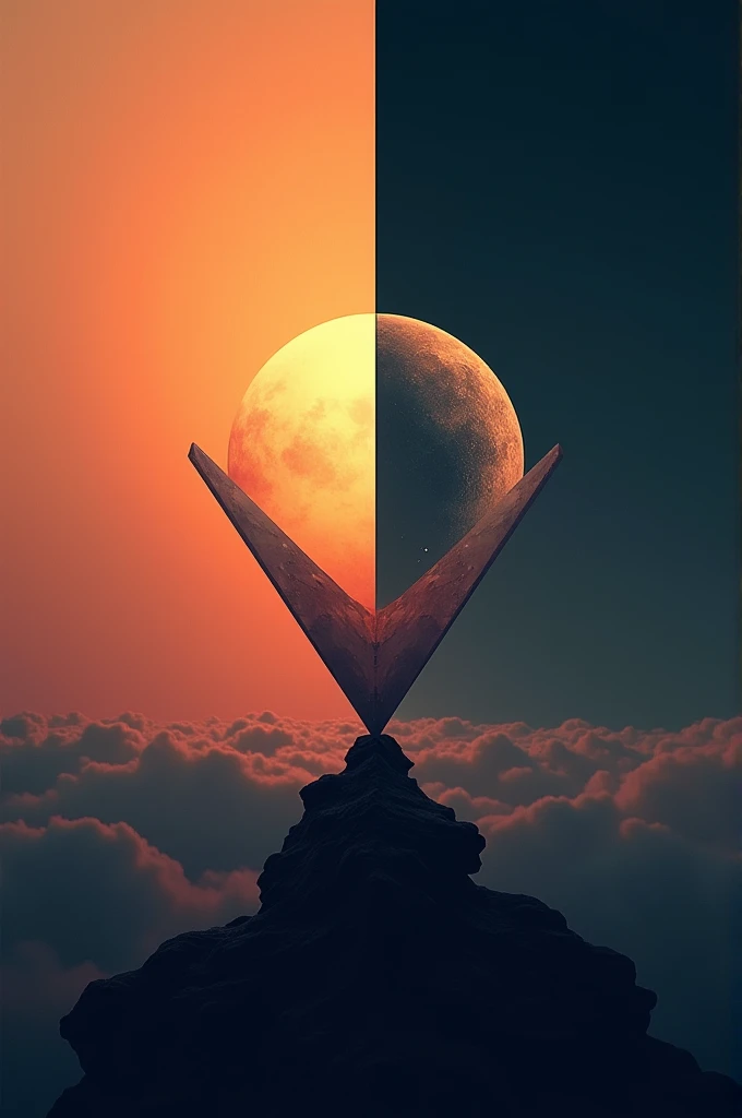 A shape image with a half light and half dark sky, with a rising sun on one side and the moon on the other, symbolizing the separation of light and darkness