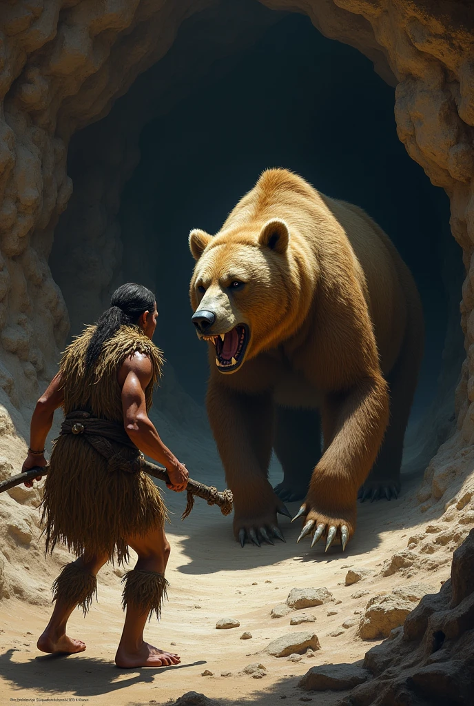Prehistoric man hunting a cave bear
