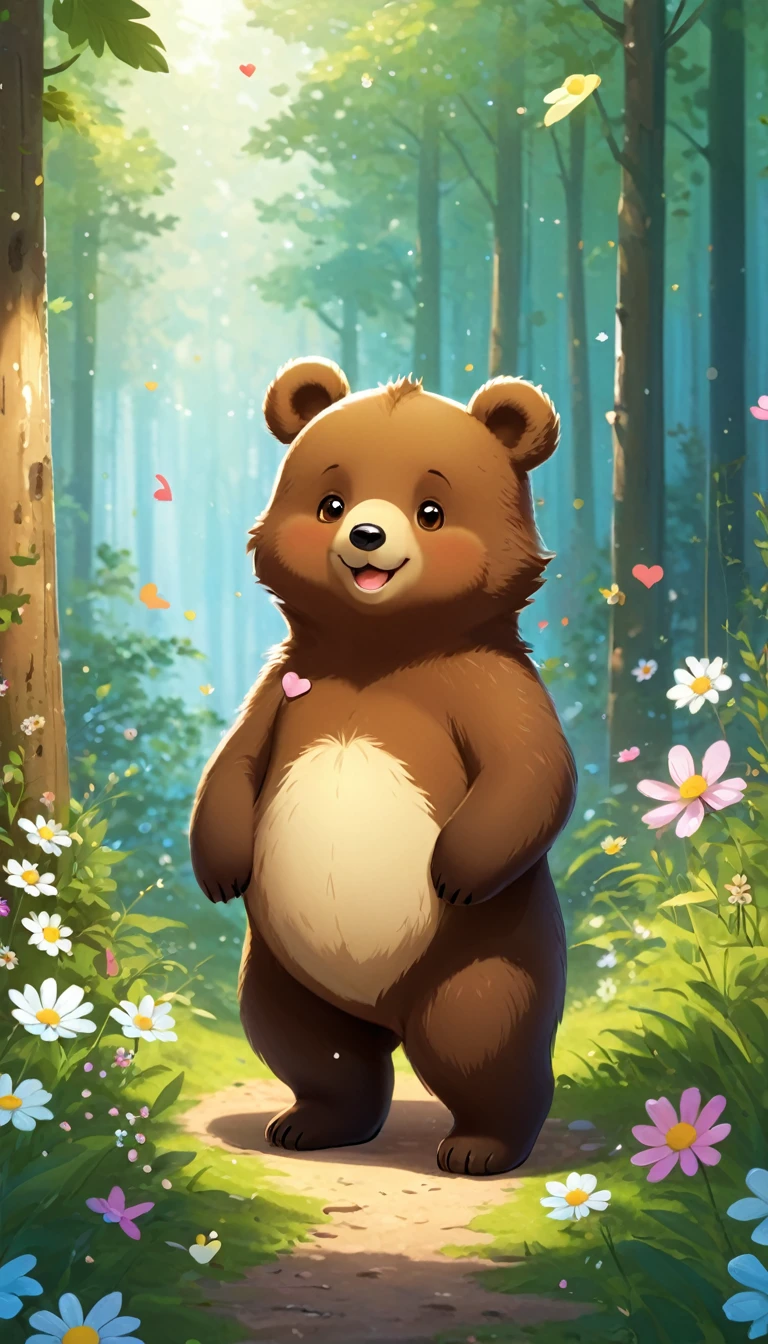 Cute illustration of a  bear、No clothes on、smile、in the forest、flower、heart、Friendly atmosphere