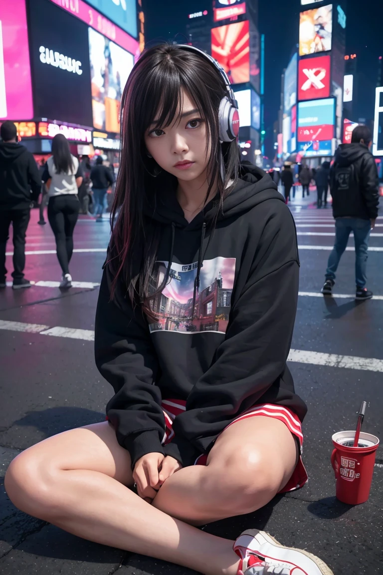 (In 8K、RAW Photos、Highest quality、masterpiece:1.2)、(Realistic、Photorealistic:1.37)、Very detailed、Ultra-high resolution、1 person、alone、hoodie、Espadrilles、Straight hair、Headphones、length、(Center of the intersection)、(Sit on the ground)、night、neon、Times square、cyber punk、Physically Based Rendering、Cinema Lighting、Dynamic Angle