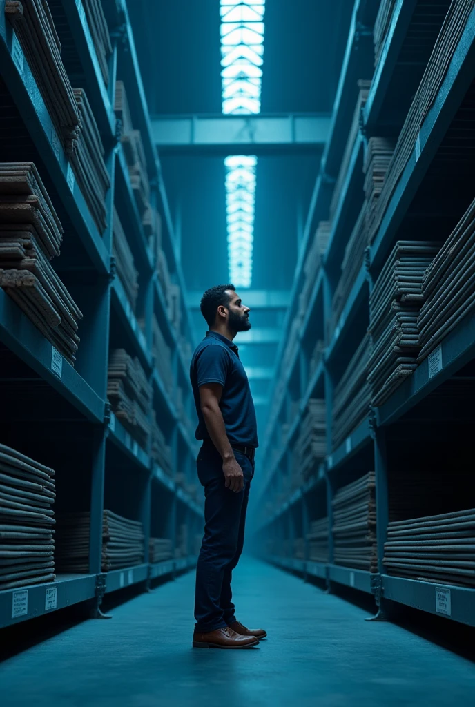 A 35-year-old Brazilian man is in a large warehouse, observing several structural rebars of different sizes (4,2mm, 6,3 mm, 8,0mm, 12mm e 16mm). These rebars are organized on large industrial metal shelves. Man carefully considers different rebar options, considering which is the best steel for your work. The shed is well lit, with a high ceiling and concrete floor, creating an industrial atmosphere. The image has predominantly blue colors, reflected on the shelves, in the surrounding environment and in the shades of shadows, creating a sense of depth and seriousness.