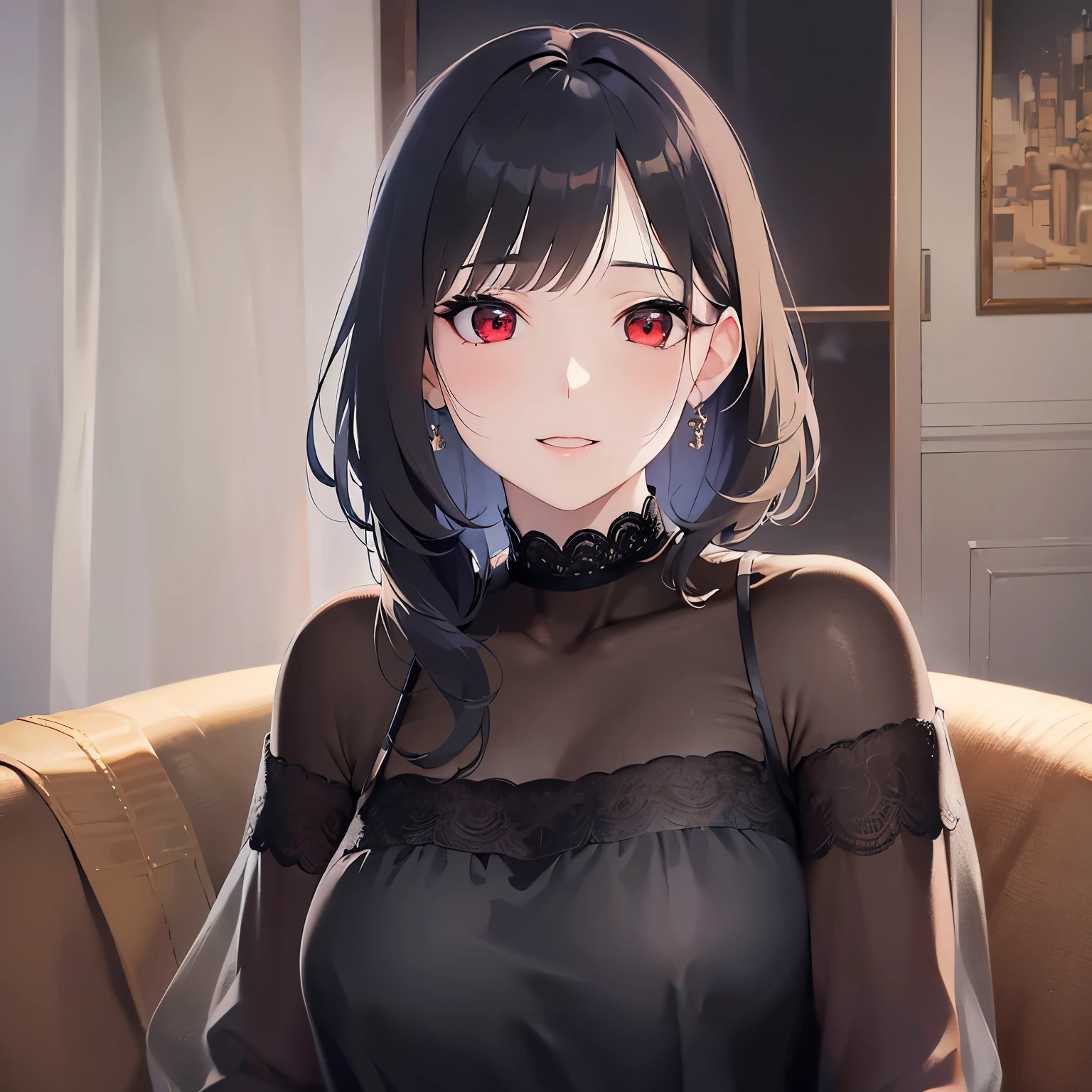 head tilt、big breasts, Upper Body, Realistic, real person, (pale skin: 1.2), RAW photo, photorealistic, shiny skin, shiny hair、(40 year old woman with bob cut hair) and (forehead) and (wavy hair) and (black hair) and (red eyes) and (tareme:1.1), (white) and (off shoulder blouse) 、smile, The background is the living room at night、Alone、Are standing