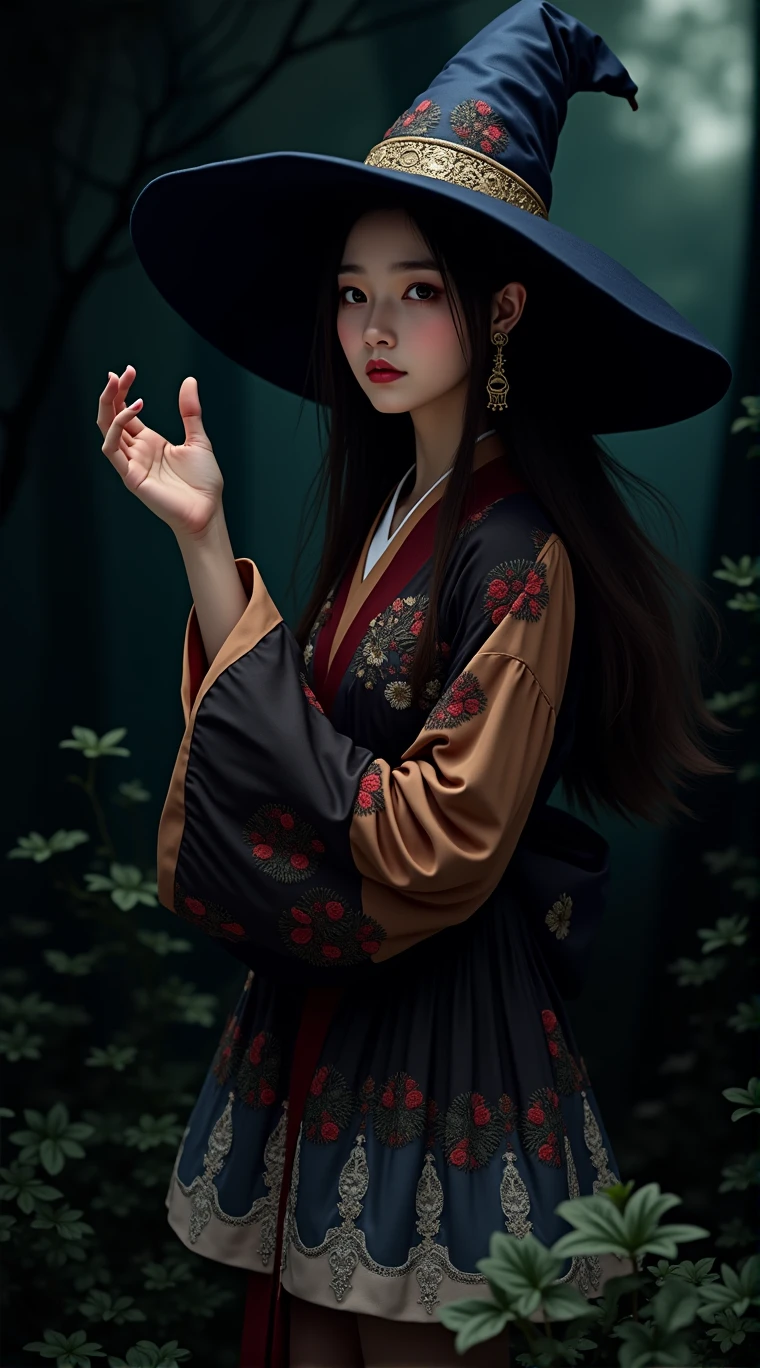 A young Japanese witch in a witch dress mixed with kimono and wearing a pointy witch hat. she is in a forest.