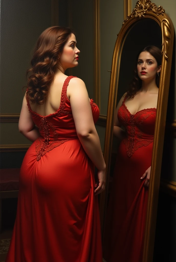 gorda, brown hair, redgown, looking at a mirror, for sale