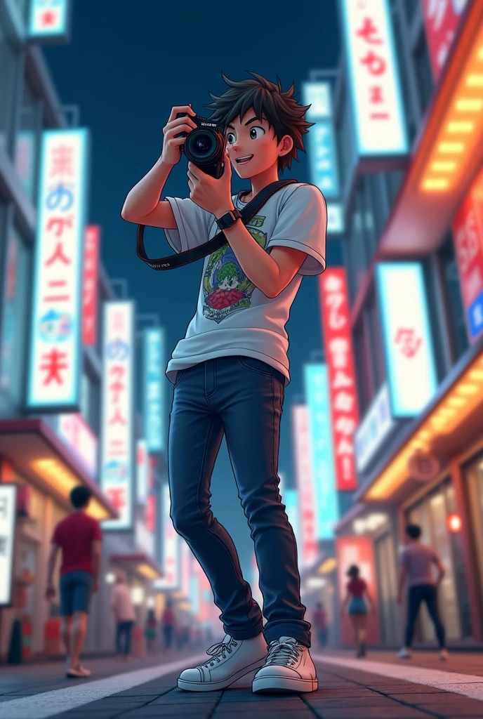 Animated Japanese man holding a Sony SLR