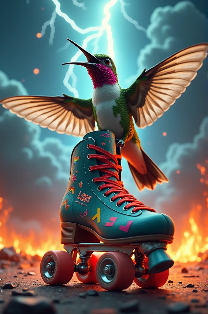 An angry hummingbird with open wings on top of a roller skate that has gay symbols with a background of thunder and fire