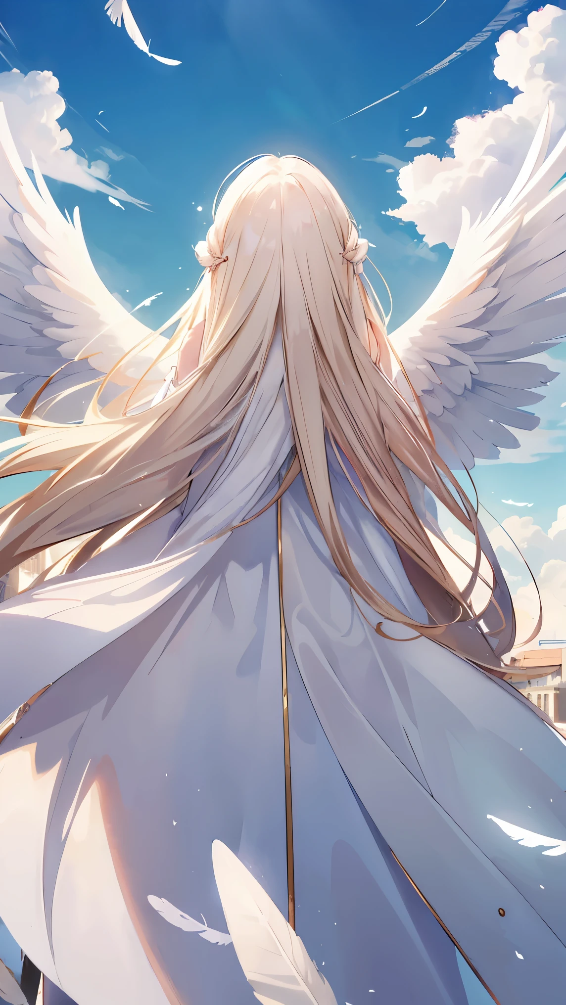 long hair, straight hair, bangs, perfect eyes, soft light, high quality, 4k resolution, ((angel)), ((An angel with wings on her back)), an angel descending from the sky, feathers scattered in the background, light shining from above, at Cathedral, swan wings, swan feathers