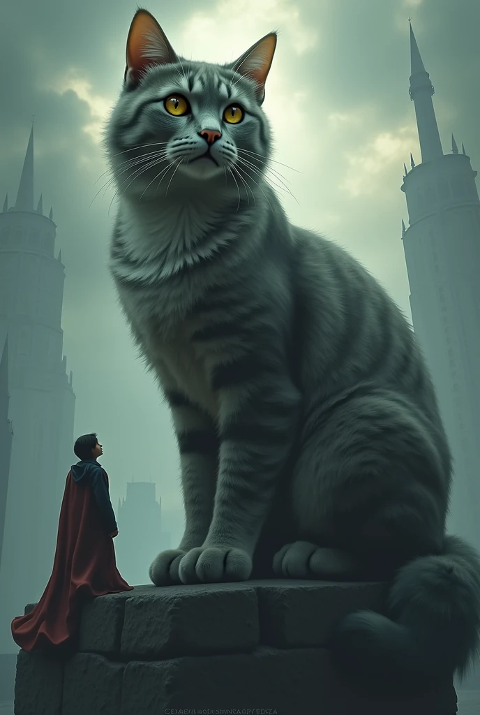 A cat looking down at a human from high up and calling out to him