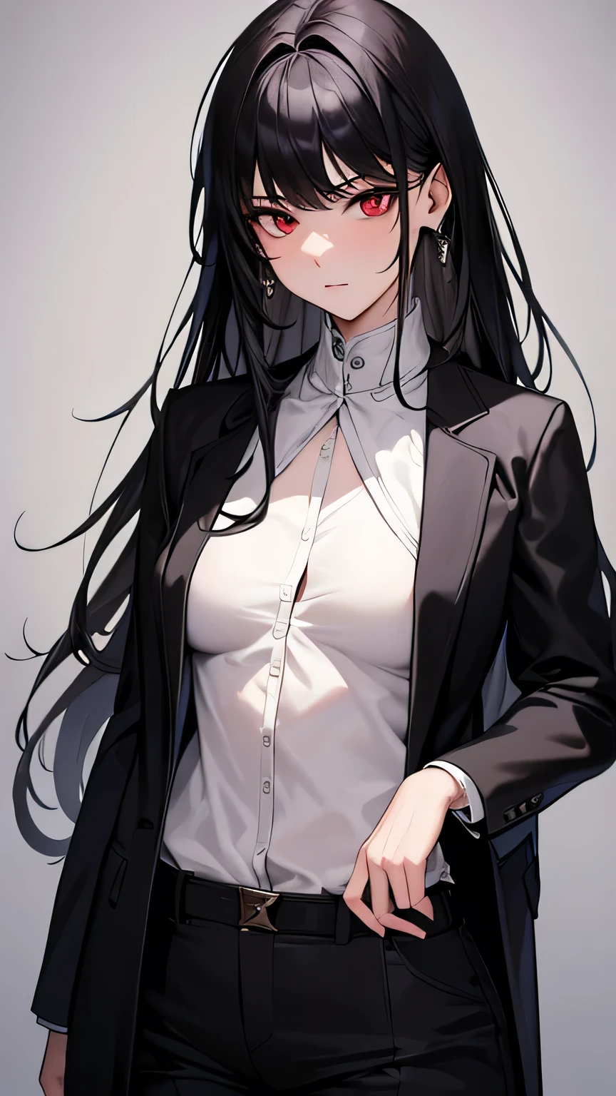 ((Highest quality)), Ultra-high resolution,Adult women, alone, sexy, (Stern face), (Red eyes), Beautiful face in every detail,(High resolution detail of human skin texture), (Black irregular long hair), Black coat,Suit pants,A mercenary woman,（have a gun in hand）,Realistic:1.4,Realistic:1.4,Dark room,((masterpiece)),Perfect and detailed eyes,Waist up shot