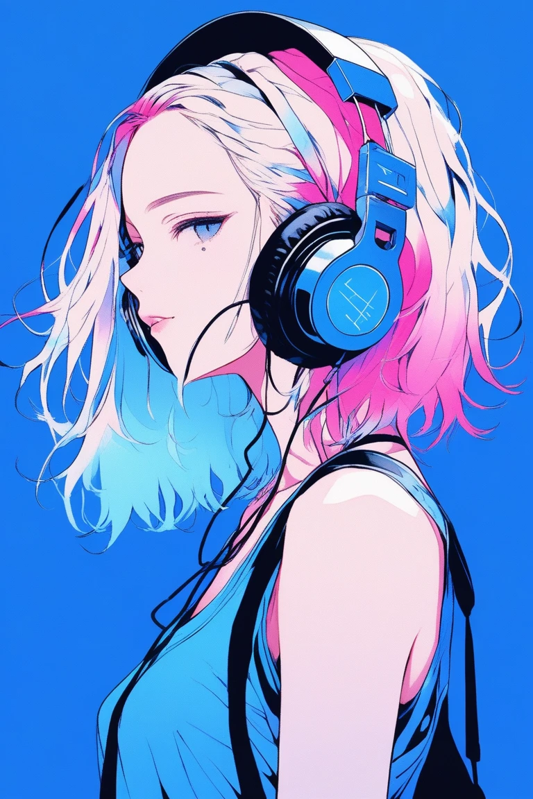 Illustrator, anime , Realistic ,sketch , 1 person, ,lip, Tank Top T-Shirt, DJ Style, Upper Body, order, Blue gradient background, Neon messy medium length hair,(((Hanging headphones))), Texture Trim, Canadian, (masterpiece,Highest quality)