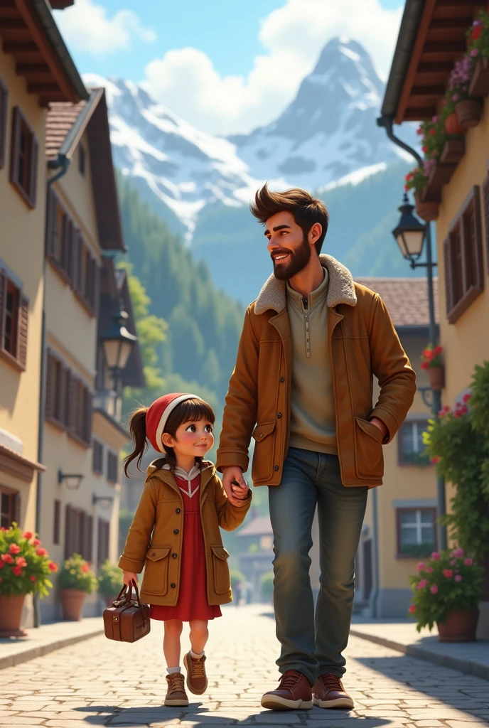 A girl in Switzerland with her father on the street