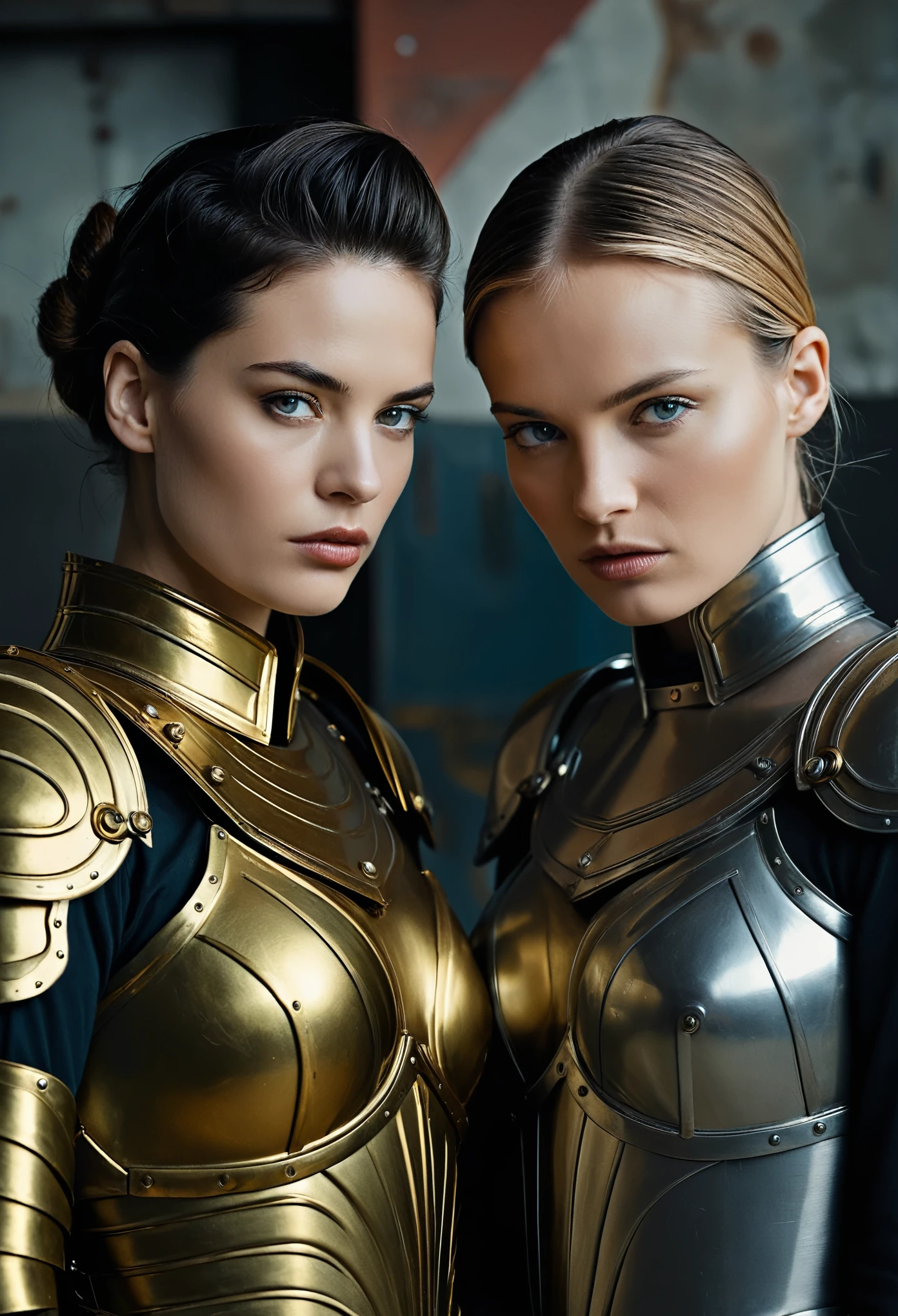 Two women in armor standing next to each other, Highly detailed surreal VFX, Inspired by Peter Lindbergh, Low saturation and calm colors, Inspired by Nikola Avramov, Clockpunk, Fine and beautiful face, Stephen James Petrucio, Prometheus (2012)