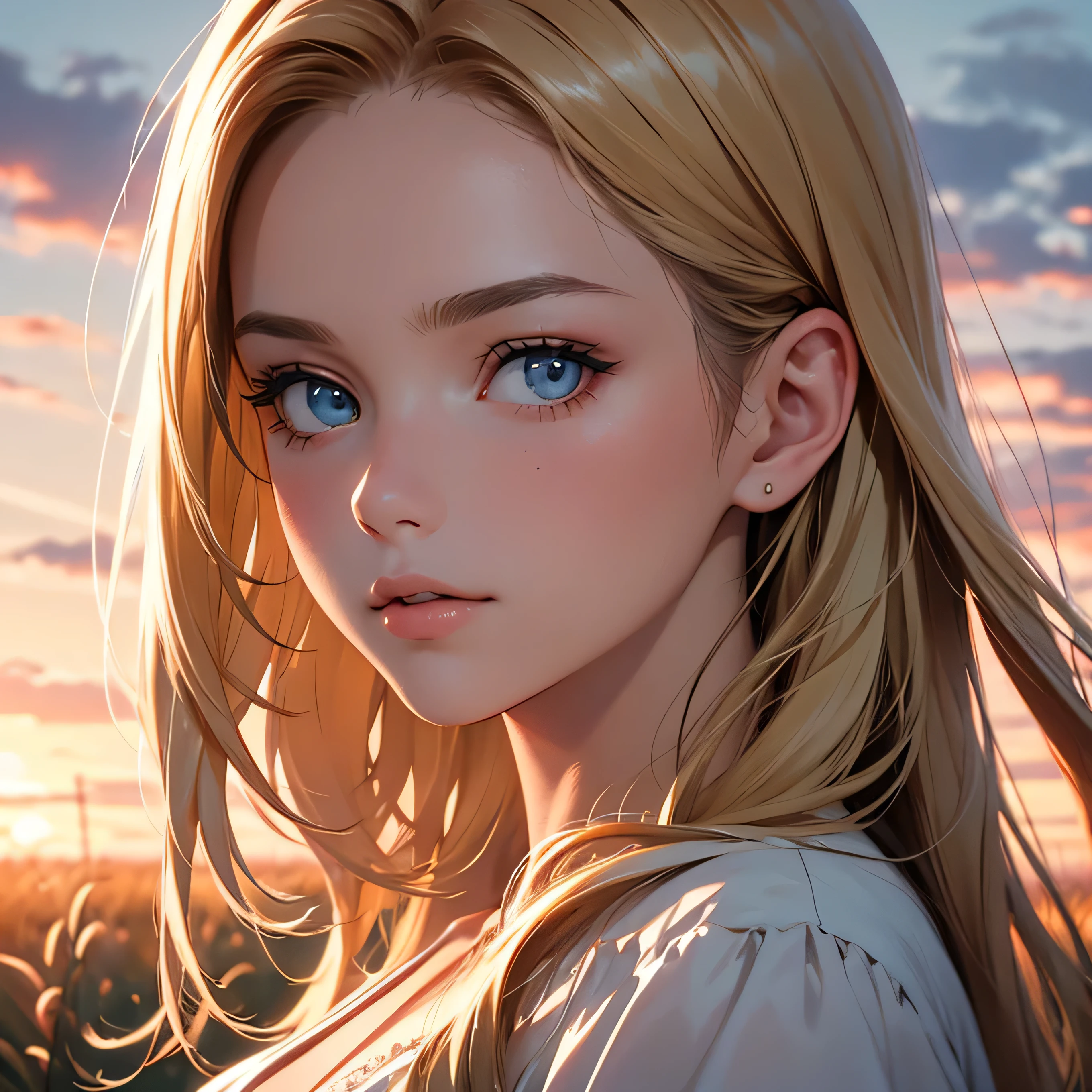 (masterpiece,best quality:1.4), high resolution,super fine illustration, detailed skin, detailed face, detailed eyes,Standing in the grassland、Scandinavian woman with long blonde hair and a white dress, Backlit beautiful face, Backlit Portrait, infp young woman, Soft Portrait Shot 8k, medium Portrait Soft Light, Backlit face, Shining sunset light, Beautiful young woman, Perfectly lit face, 50mm Portrait, Young woman&#39;s face, Portrait Soft Light、Low - Angle、smile