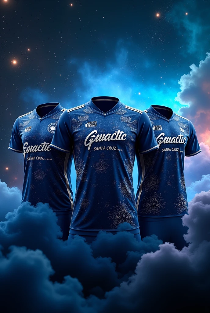 Create an image showing three sports uniforms with a space and galactic theme.. They have an attractive and futuristic design, with planets, stars and cosmic mists in blue and black tones. The jerseys have the name "Galactic" and name it "Santa Cruz"
somewhere printed in the center. It appears to be a uniform design for a sports team., maybe soccer or volleyball. It is a very creative and eye-catching design., that captures the imagination of space and celestial bodies.