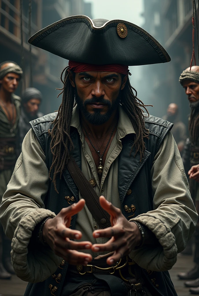 Dark-skinned man of average height , by white, gray eyes, in pirate attire with puppeteer power 
