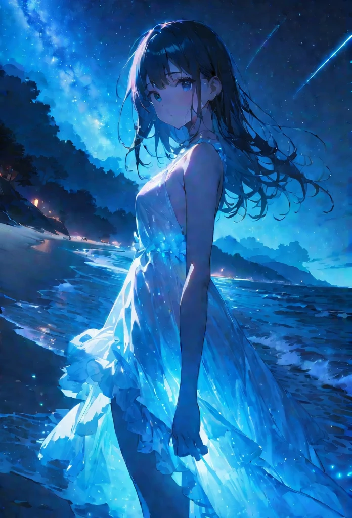 girl looking at viewer, The beach glowed blue, The water glowed blue,
from side, sky, milky way, white summer dress, sandals, glowed dress, cowboy shot,
walking by the beach at night emitting a blue glow, blighting dress,
midnight, shooting star, starry sky,
(masterpiece), best quality, extremely detailed, ultra-detailed, nsfw,
official art, extremely detailed CG unity 8k wallpaper, perfect lighting, cinematic lighting,