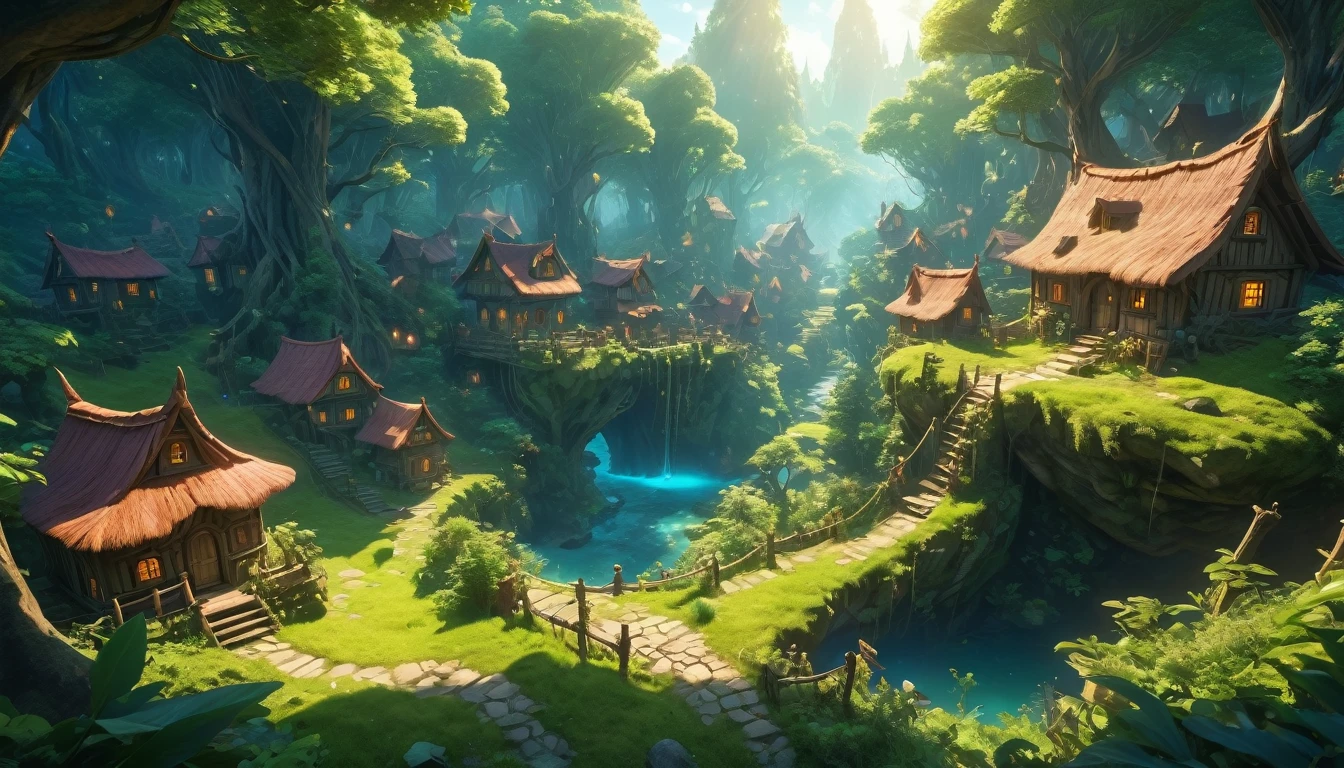 (anime, fantasy, goblin village), (detailed CG unity 8k wallpaper, masterpiece, best quality, hyperdetailed, HDR:1.2), vibrant colors, A small goblin village in an enchanted bioluminescent forest, wonky houses. thick forest, magical forest, enchanted, beautiful, ethereal lighting, view from above, lens flare