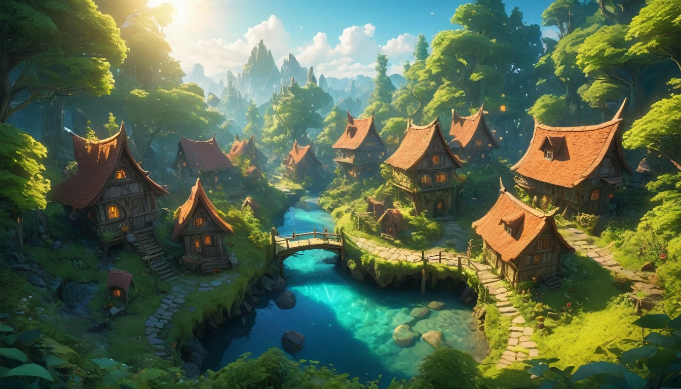 (anime, fantasy, goblin village), (detailed CG unity 8k wallpaper, masterpiece, best quality, hyperdetailed, HDR:1.2), vibrant colors, A small goblin village in an enchanted bioluminescent forest, wonky houses. thick forest, magical forest, enchanted, beautiful, ethereal lighting, view from above, lens flare