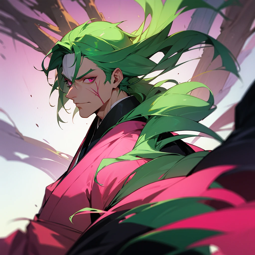 A man with green hair, pink eyes, a scar on the right side of his face, and wearing a kimono.