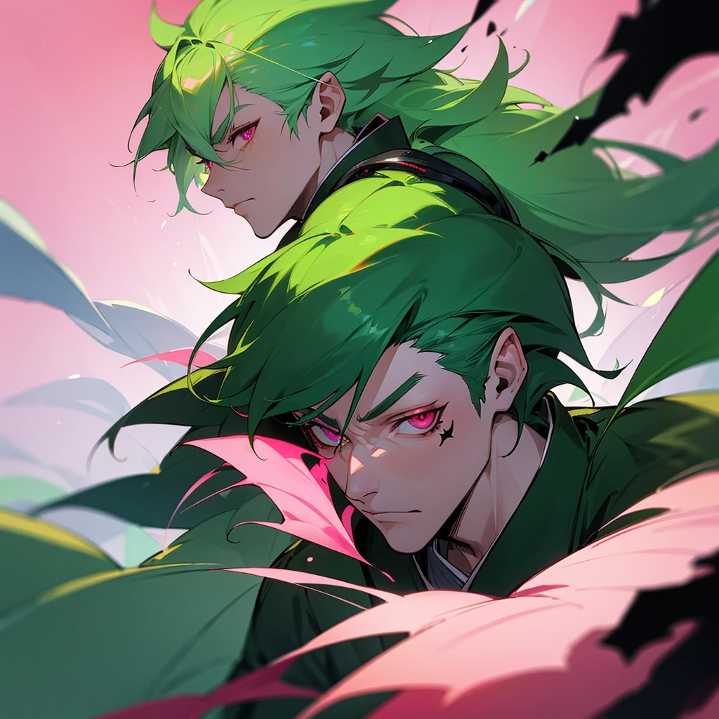 A man with green hair, pink eyes, a scar on the right side of his face, and wearing a kimono.
