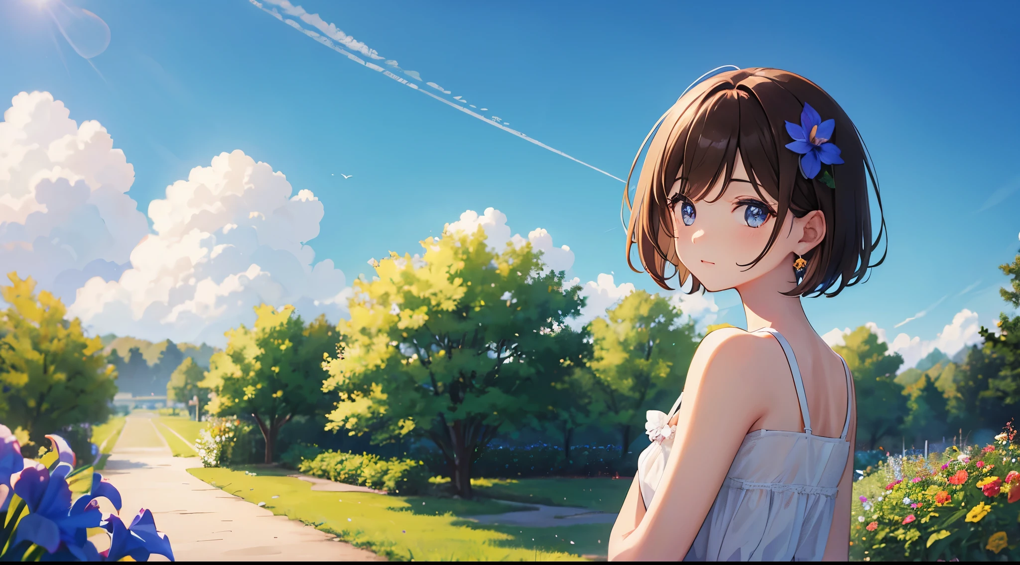 (One person, Brown Hair, short hair, Iris, White sundress, cute, cute), (Summer sky, stream, Shimizu, garden)