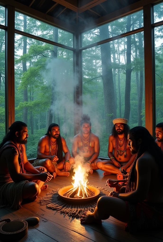 Images with a group of indigenous men somewhat detached blowing tobacco medicine , Grated, everyone dressed and around the fire with ultra-realistic vibrant colors in a closed place with glass sides overlooking the forest, a wider image without focusing too much on the face