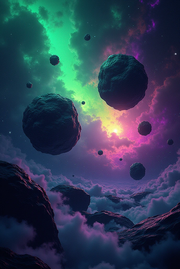 Outer space with neon green and violet tones, some asteroids shaped like marijuana flowers