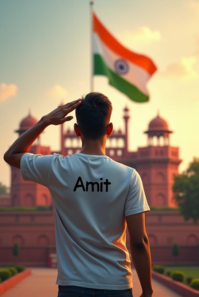 Independent day in indian flag with a boy 19year old indian flag selute and white shirt on shirt name ''Amit" in background indian lalkila front face