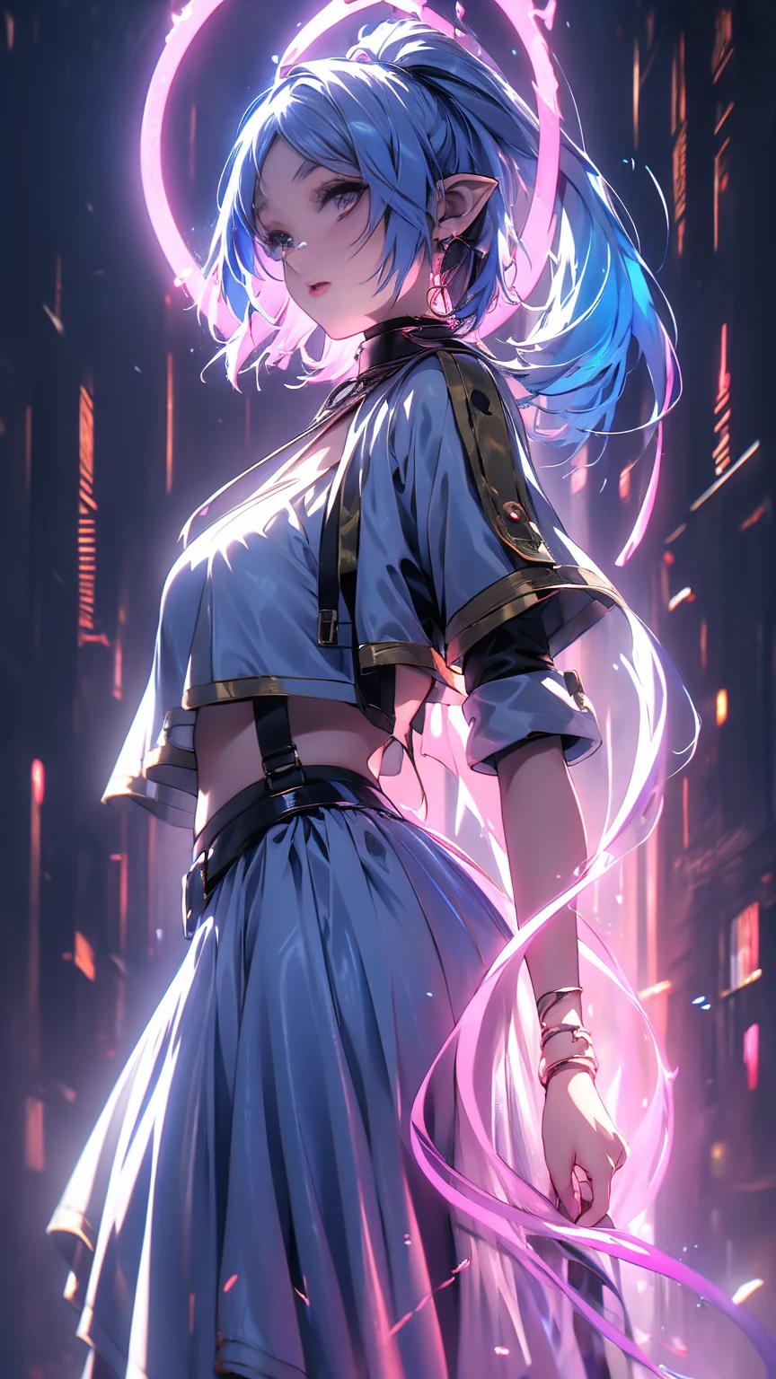 1 person, 20-year-old girl, One person, (Silver Hair), Long pointed ears、Elf、(Gradient sky blue hair tip:1.6), hair, Ridiculously long hair, Single Side Lock, Wavy Hair, Shine髪, Floating Hair, (Fantastic deep purple eyes), Delicate eyes, Aqua Eye, Very fine eye, Long upper eyelashes, ((Glowing Eyes)), compensate, Focus on the face, Highly detailed facial, Pretty face, Perfect breasts, Hot body, (Delicate skin texture:1.2), break, White extra long skirt, Fashion Clothing, necklace, Technical clothing masterpiece, on the road, Gazing at the starry sky, meteor, cyber punk, Detailed Background, The perfect layered cut, clean focus, (magazine:1.3), (Cover Style:1.3), Octane Rendering, Tyndall effect, Real, Dark studio, Side light, 2-color illumination, realism, Chiaroscuro, (Shine光), Shine, Ray Tracing, Cinema Lighting, Futurism, Motion Blur, Atmospheric perspective, Depth of written boundary, Bokeh, Highest quality, 超High resolution, Super Detail, masterpiece, High resolution, Accurate, retina, Anatomically correct