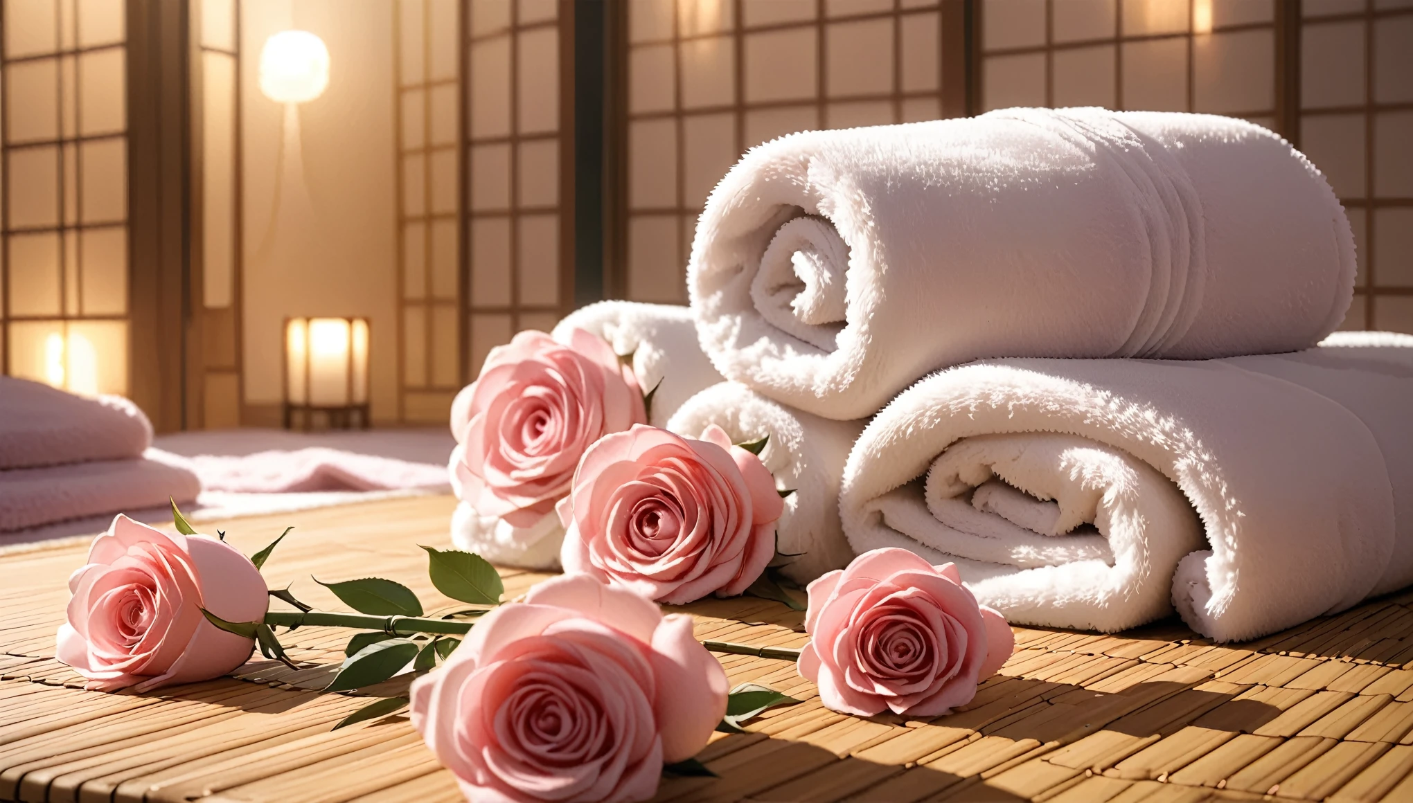 A towel and pink roses are placed on a bamboo mat with a brush, Soft glow, beautiful and soft lighting, Romantic atmosphere, Pale pink, relaxed mood, Soft morning lighting, Soft morning light, Romantic atmosphere, Roses in the Light of the Movie, Beautiful atmosphere, Beautiful soft lighting, Beautiful atmosphere, Romantic atmosphere, Soft night lighting, Soft and warm light, Relaxed atmosphere、8K