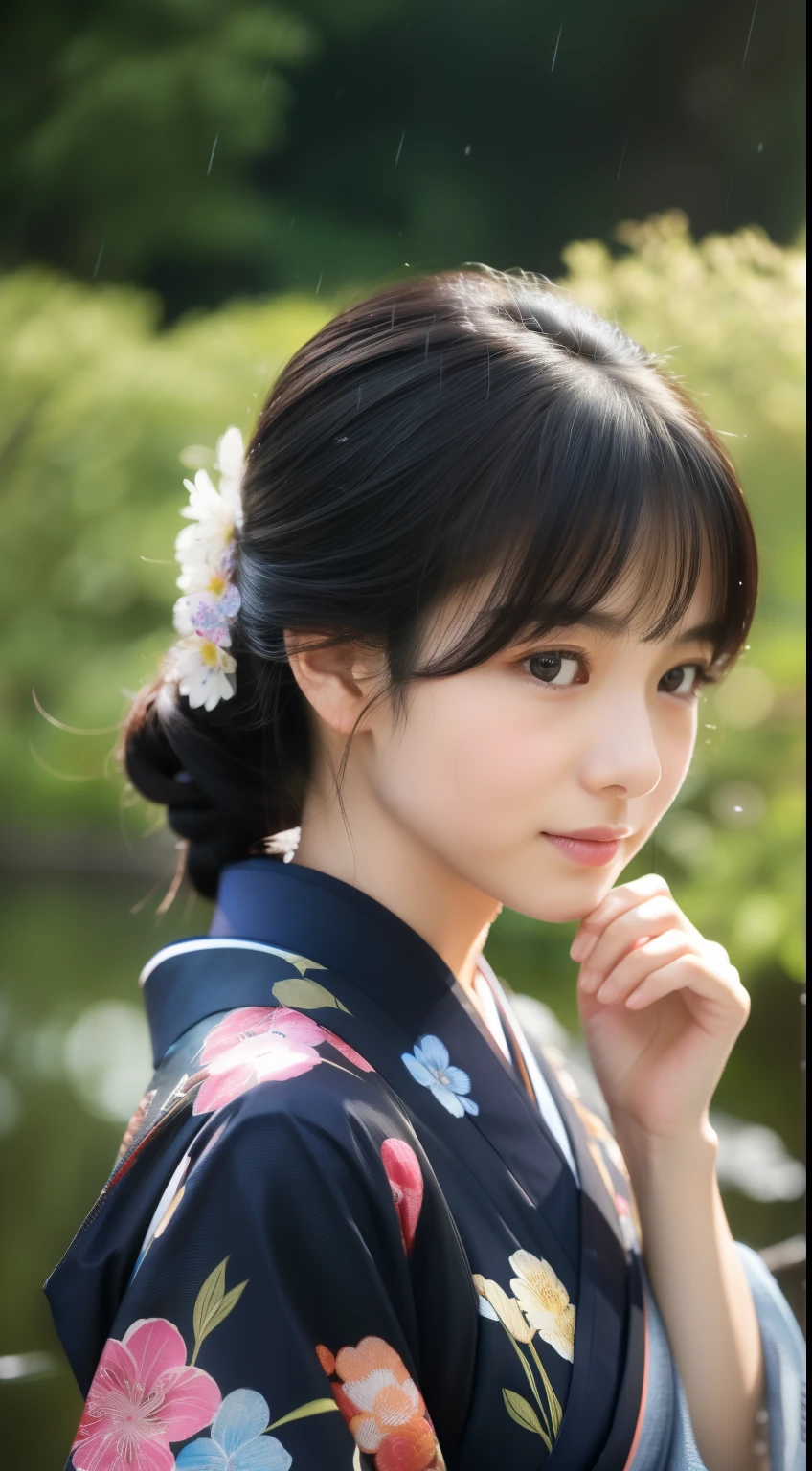 rain, Wet cheeks, Sad expression, farewell, tears, 美しいtears, front, 最high quality、high quality、Best image quality、8k、最High resolution、High resolution、Realistic photos, Healthy body, Beautiful Eyes, Flowing black hair, Colorful kimono, Calm expression, Soft lighting, Traditional Japanese art style, Vibrant colors, Peaceful atmosphere, Delicate features, Graceful posture, Beautiful Landscape