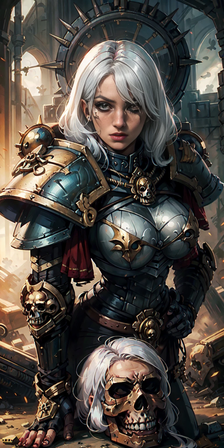 (masterpiece:1.2), (best quality:1.2), perfect eyes, perfect face, perfect lighting, 1girl, mature bigbreastplate whore Sororitas with bolter gun in hands, blindfolded cover eyes, white hair, skulls on the ground, warhammer 40k, detailed battlefield background
