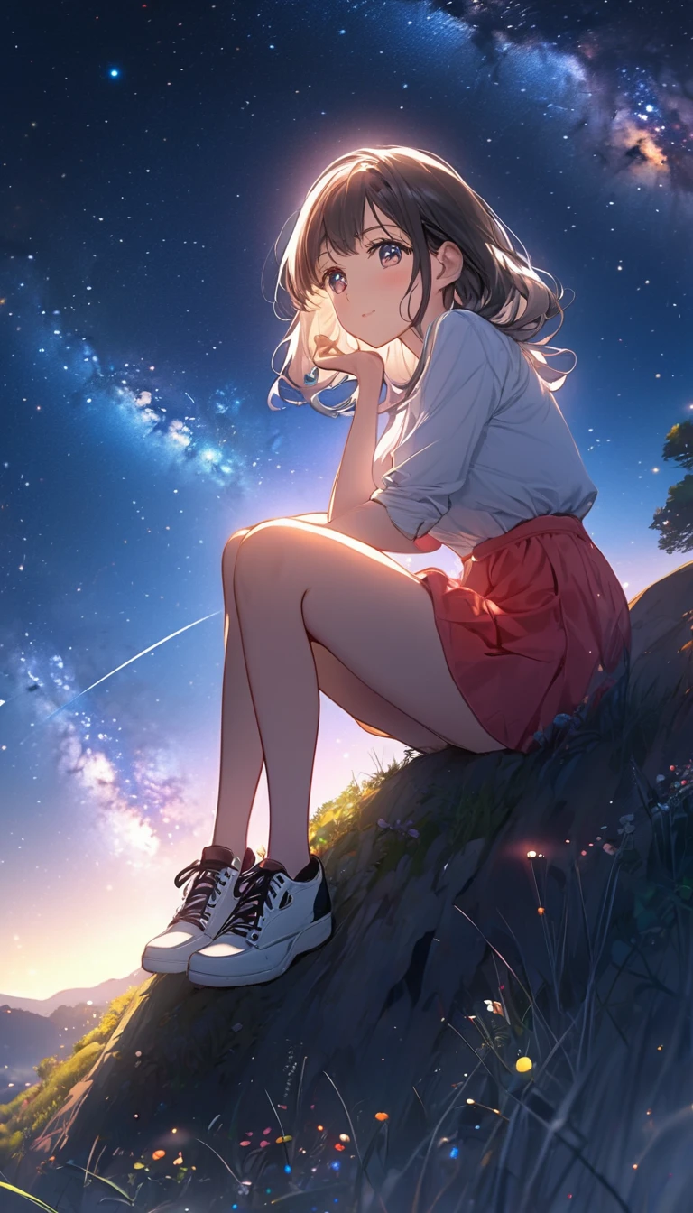 anime girl sitting on a hill. Milky Way, Beautiful animated pictures, beautiful anime girl, Attractive anime girl, cute anime girl, Draw a realistic picture of a cute girl., animation style. 8kg