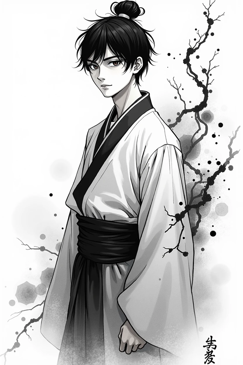 bloom, monochrome, Ink Sketch, 1 male, Asia (Young male), (short hair), Looking at the audience, Hanfu, Chinese clothes, Long sleeve, (abstract ink splash:1.2), White background