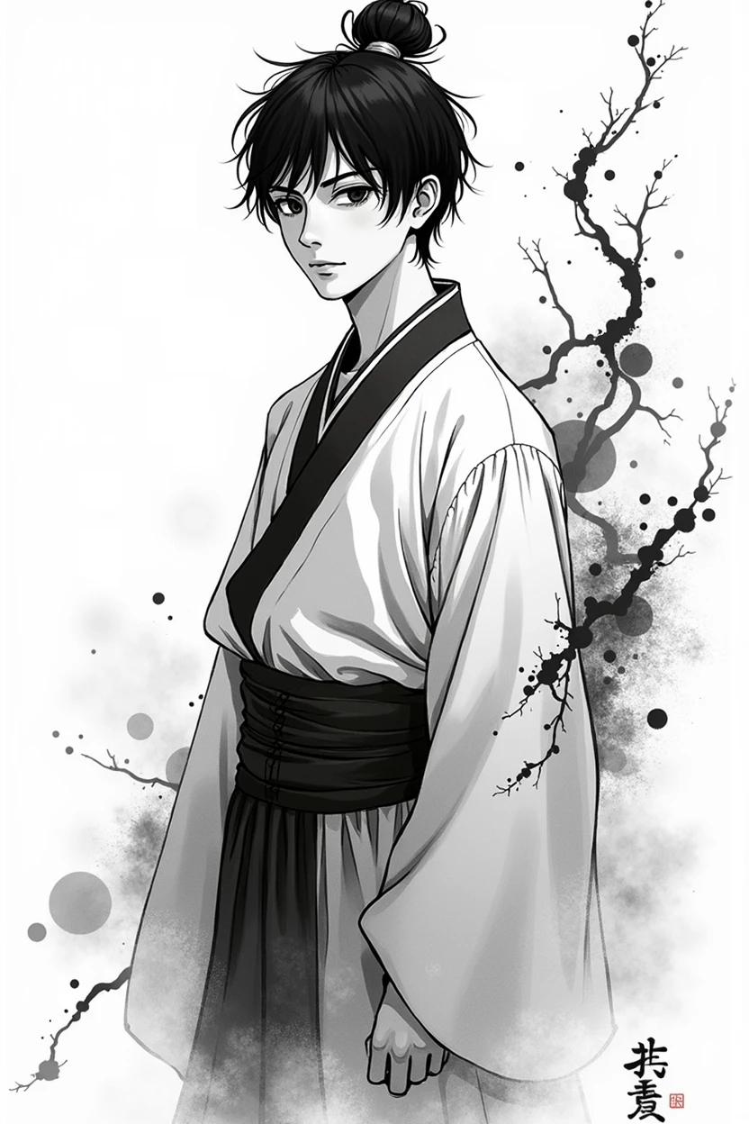 bloom, monochrome, Ink Sketch, 1 male, Asia (Young male), (short hair), Looking at the audience, Hanfu, Chinese clothes, Long sleeve, (abstract ink splash:1.2), White background