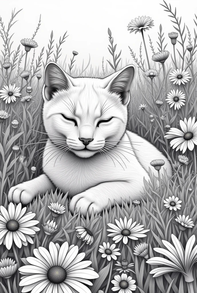 a drawing of a cat lying in a field of flowers, coloring page, Highly detailed illustration, highly detailed linework, extremely detailed linework, high detailed portrait, insanely detailed linework, hyper detailed line art, high detailed drawing, line art colouring page, Highly detailed illustration.", extremely detailed portrait, high detailed illustration, Highly detailed artwork, detailed digital drawing