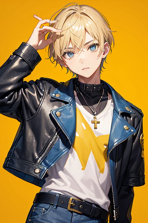 16 year old boy, blonde hair short on the sides and pointed up, gray eyes, blue leather jacket yellow shirt with musical print blue jeans slim build black belt gold cross necklace looking directly at viewer white background