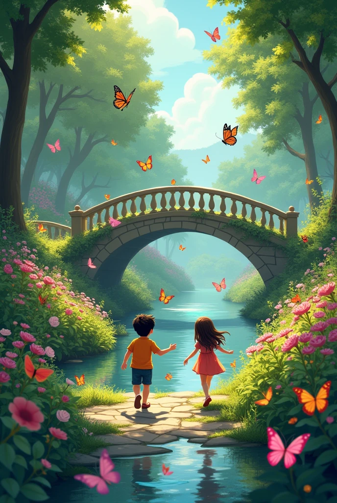 A beautiful and enchanted dream garden , cm a beautiful bridge crossing the rivers , and two beautiful children playing in the garden with butterflies of all colors