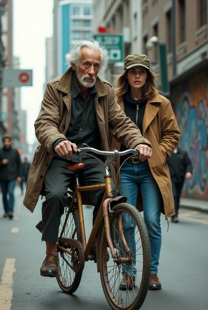 A homeless old man in ragged clothes,Riding a worn-out seven-hand bicycle with an Instagram influencer