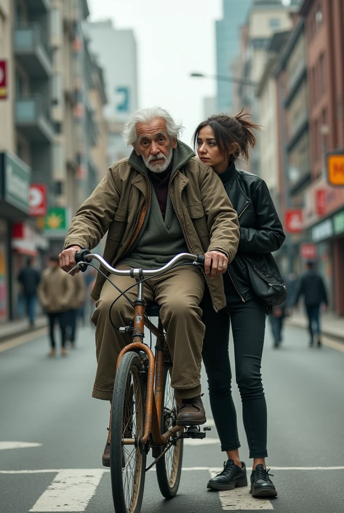A homeless old man in ragged clothes，Riding a worn-out seven-hand bicycle with an Instagram influencer