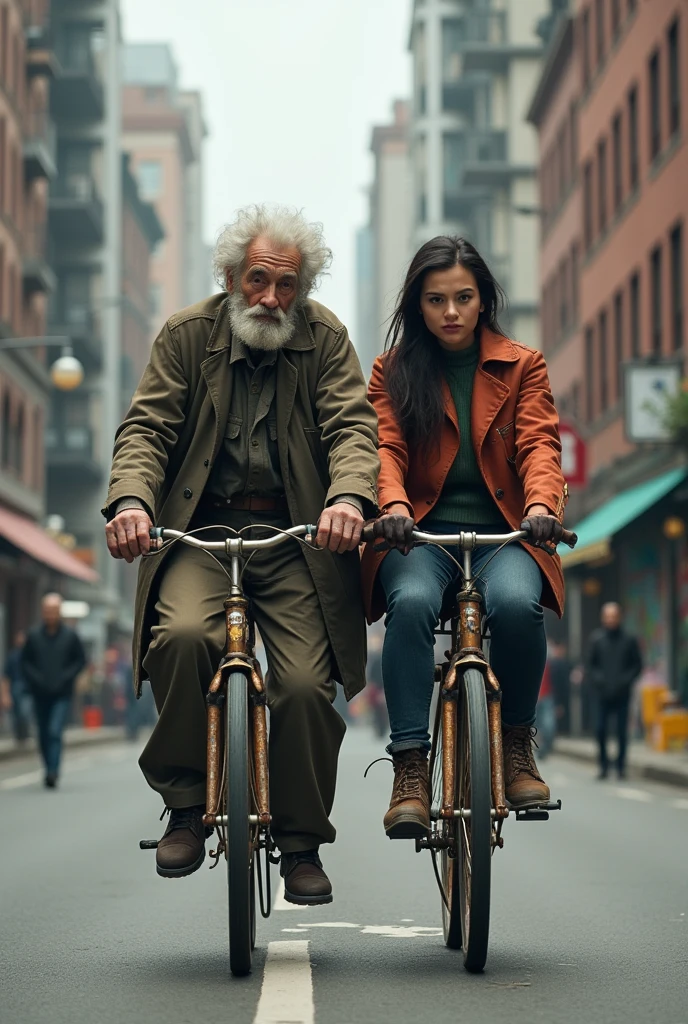 A homeless old man in ragged clothes,Riding a worn-out seven-hand bicycle with an Instagram influencer
