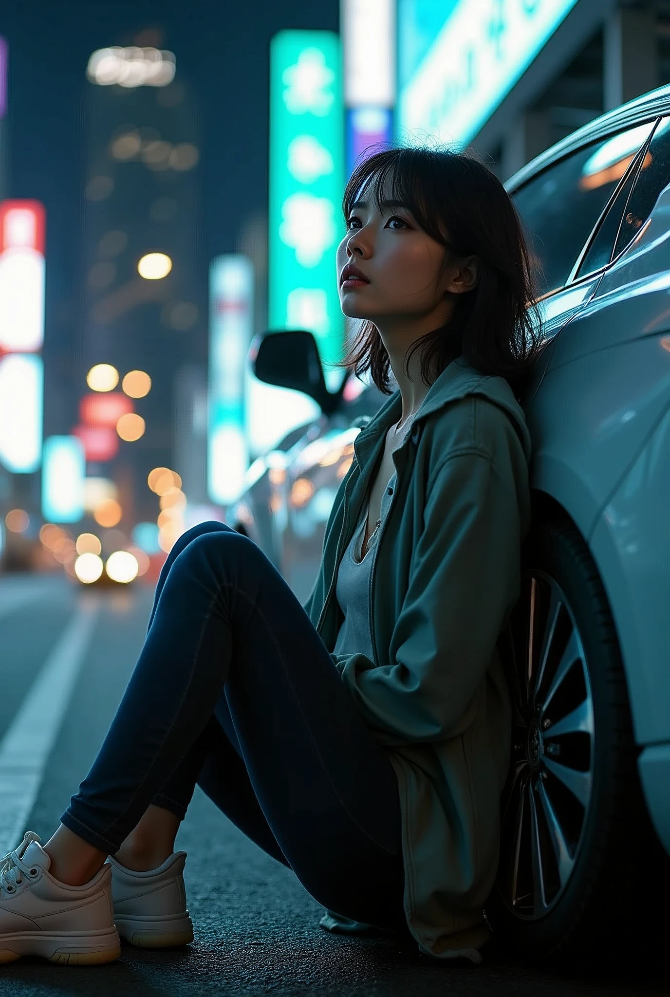 A Japanese woman is sitting next to a car,  "BUDDICA" It is written there,Look away from the viewer, T-Shirts、Full Body Shot, Cinema Lighting, Shine, Modern city,