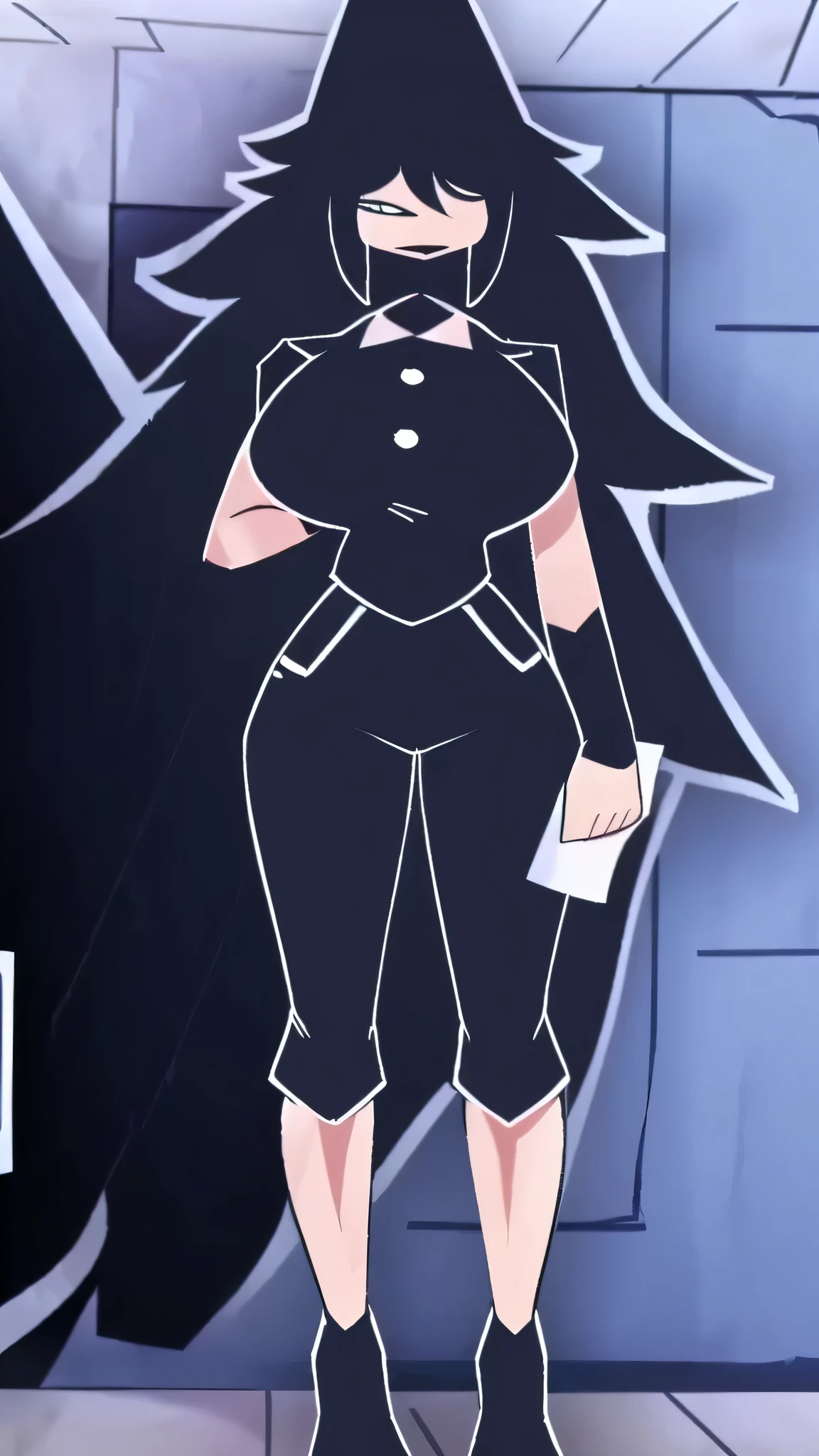 a tall beautiful girl with big breasts, cute and sexy, wavy black hair, disheveled, her brown eyes and black lips are dressed in a black button-down shirt and tight white pants, big thighs, sensual, black heels, hand, compass, tweezers