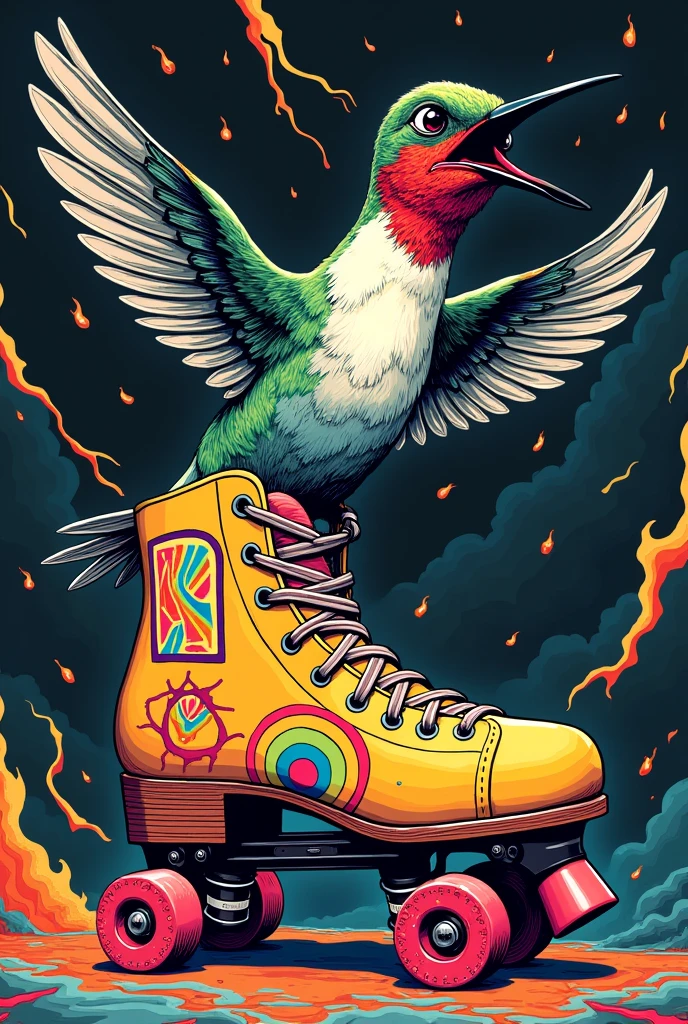 An angry hummingbird with open wings on a roller skate that has gay symbols with a woodcut style thunder and fire background